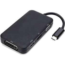 4XEM 4 in 1 USB Type C Hub To HDMI DVI VGA DP Adapter, 1 Pack, 1 x Type C USB Male, 1 x HDMI Digital Audio/Video Female, 1 x DVI Digital Video Female, 1 x 15-pin HD-15 VGA Female, 1 x DisplayPort Digital Audio/Video Female, 3840 x 2160 Supported