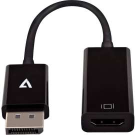 V7 Black Video Adapter DisplayPort Male to HDMI Female Slim - 3.94" DisplayPort/HDMI A/V Cable for Projector, TV, PC, Audio/Video Device, Monitor - First End: 1 x DisplayPort 1.1 Digital Audio/Video - Male - Second End: 1 x HDMI 1.3 Digital Audio/Vi