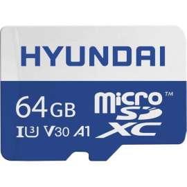 Hyundai 64GB microSDXC UHS-I Memory Card with Adapter, 90MB/s (U3) 4K Video, Ultra HD, A1, V30, Up to 35MB/s write speeds for fast shooting. 4K UHD and Full HD ready with UHS Speed Class 3 (U3) and Video Speed Class 30 (V30). Rated A1 for faster loading a