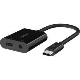 Belkin Mobile Belkin 3.5mm Audio + USB-C Charge Adapter - Mini-phone/USB-C Audio/Data Transfer Cable - First End: 1 x USB Type C - Male - Second End: 1 x USB Type C - Female, 1 x Mini-phone Audio - Female - Black