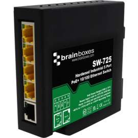 Brainboxes Hardened Industrial 5 Port PoE+ 10/100 Ethernet Switch - 5 Ports - Fast Ethernet - 10/100Base-T - TAA Compliant - 2 Layer Supported - 4 W Power Consumption - 90 W PoE Budget - Twisted Pair - PoE Ports - DIN Rail Mountable, Compact - Lifet