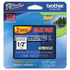 TZe Standard Adhesive Laminated Labeling Tapes, 0.47" x 26.2 ft, Black on Clear, 2/Pack