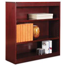 Square Corner Wood Veneer Bookcase, Three-Shelf, 35.63w x 11.81d x 35.91h, Mahogany