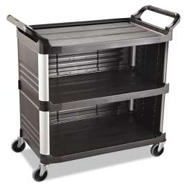 Xtra Utility Cart with Enclosed Back/End Panels, Plastic, 3 Shelves, 300 lb Capacity, 20" x 40.63" x 37.8", Black