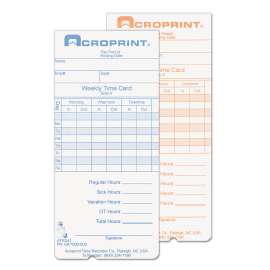 Time Clock Cards for Acroprint ATR240/ATR360, Two Sides, 3.5 x 7.25, 250/Pack