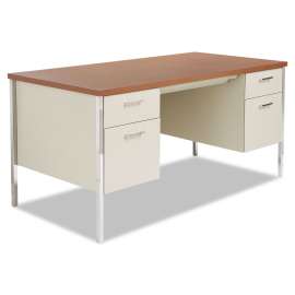 Alera - Alera Series Cherry Steel Double Pedestal Office Desk with Putty Base