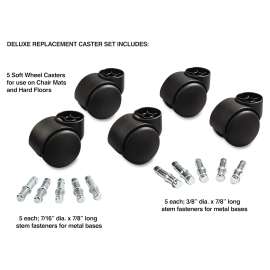 Deluxe Futura Casters, Flush Mount, Grip Ring Type B and Type K Stems, 2.19" Soft Polyurethane Wheel, Matte Black, 5/Set