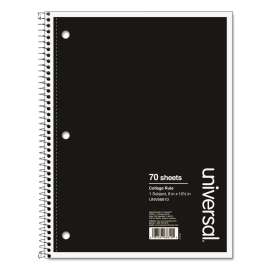 Wirebound Notebook, 1 Subject, Medium/College Rule, Black Cover, 10.5 x 8, 70 Sheets