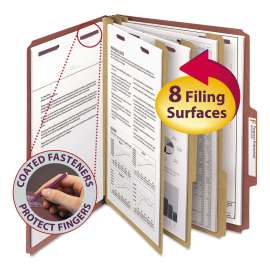 Pressboard Classification Folders, Eight SafeSHIELD Fasteners, 2/5-Cut Tabs, 3 Dividers, Letter Size, Red, 10/Box