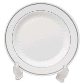 Masterpiece Plastic Dinnerware, Plate, 9" Dia, White/silver, 12/pack, 10 Packs/carton