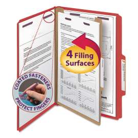 Four-Section Pressboard Top Tab Classification Folders, Four SafeSHIELD Fasteners, 1 Divider, Legal Size, Bright Red, 10/Box
