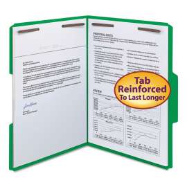 WaterShed CutLess Reinforced Top Tab Fastener Folders, 0.75" Expansion, 2 Fasteners, Letter Size, Green Exterior, 50/Box