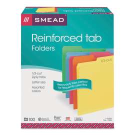 Reinforced Top Tab Colored File Folders, 1/3-Cut Tabs: Assorted, Letter Size, 0.75" Expansion, Assorted Colors, 100/Box