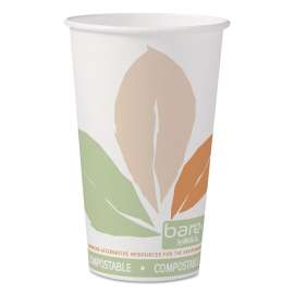 Bare Eco-Forward PLA Paper Hot Cups, 16 oz, Leaf Design, White/Green/Orange, 50/Pack