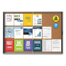 Enclosed Indoor Cork Bulletin Board with Two Sliding Glass Doors, 56 x 39, Natural Surface, Silver Anodized Aluminum Frame