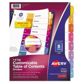 Customizable TOC Ready Index Multicolor Tab Dividers, 8-Tab, 1 to 8, 11 x 8.5, White, Traditional Color Tabs, 1 Set