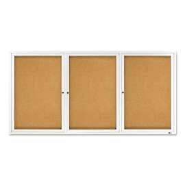 Enclosed Indoor Cork Bulletin Board with Three Hinged Doors, 72 x 36, Natural Surface, Silver Aluminum Frame