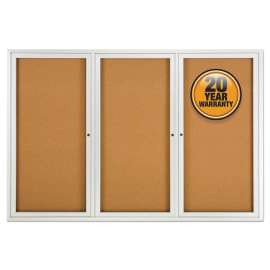 Enclosed Indoor Cork Bulletin Board with Three Hinged Doors, 72 x 48, Natural Surface, Silver Aluminum Frame