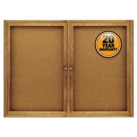 Enclosed Indoor Cork Bulletin Board with Two Hinged Doors, 48 x 36, Natural Surface, Oak Fiberboard Frame