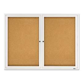 Enclosed Indoor Cork Bulletin Board with Two Hinged Doors, 48 x 36, Natural Surface, Silver Aluminum Frame