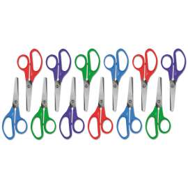 Kids' Scissors, Rounded Tip, 5" Long, 1.75" Cut Length, Assorted Straight Handles, 12/Pack