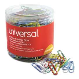 Plastic-Coated Paper Clips with One-Compartment Storage Tub, #1, Assorted Colors, 500/Pack