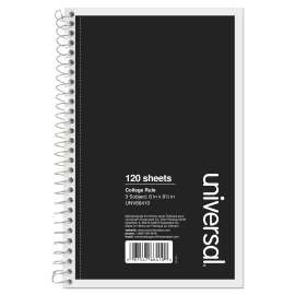 Wirebound Notebook, 3 Subject, Medium/College Rule, Black Cover, 9.5 x 6, 120 Sheets
