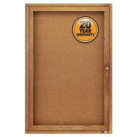 Enclosed Indoor Cork Bulletin Board with One Hinged Door, 24 x 36, Natural Surface, Oak Fiberboard Frame