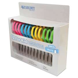 Soft Handle Kids Scissors, Rounded Tip, 5" Long, 1.75" Cut Length, Assorted Straight Handles, 12/Pack