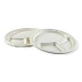 Bagasse Dinnerware, 3-Compartment Plate, 10" dia, White, 500/Carton