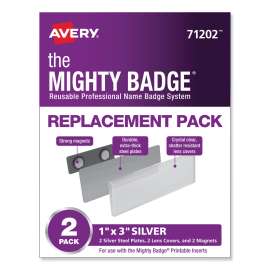 The Mighty Badge Name Badge Holders, Horizontal, 3 x 1, Silver, 2/Pack