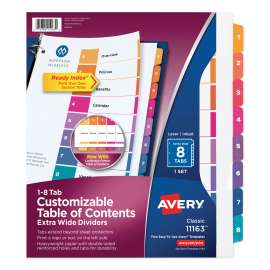 Customizable TOC Ready Index Multicolor Tab Dividers, Extra Wide Tabs, 8-Tab, 1 to 8, 11 x 9.25, White, 1 Set