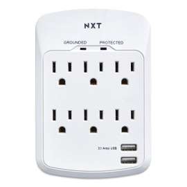 Wall-Mount Surge Protector, 6 AC Outlets/2 USB Ports, 1,200 J, White