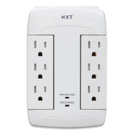 Wall-Mount Surge Protector, 6 AC Outlets/2 USB Ports, 900 J, White
