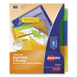 Insertable Big Tab Plastic Three-Pocket Corner Lock Dividers, 5-Tab, 11.13 x 9.25, Assorted, 1 Set