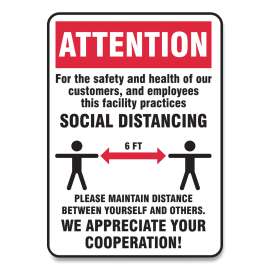 Social Distance Signs, Wall, 10 x 14, Customers and Employees Distancing, Humans/Arrows, Red/White, 10/Pack