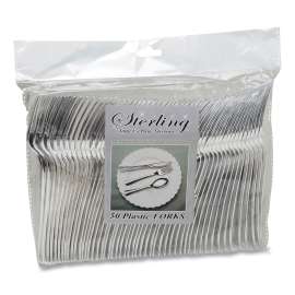 Sterling Heavy-Duty Plastic Cutlery, Forks, Silver, 50/Pack