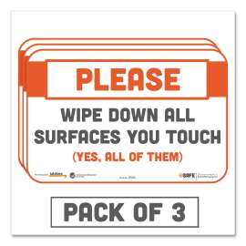 BeSafe Messaging Repositionable Wall/Door Signs, 9 x 6, Please Wipe Down All Surfaces You Touch, White, 3/Pack