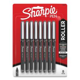 Professional Design Roller Ball Pen, Stick, Fine 0.5 mm, Black Ink, Black Barrel, 8/Pack