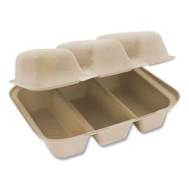 Fiber Hinged Containers, Taco Box, 3-Compartment, 7 x 8.3 x 3.2, Natural, Paper, 300/Carton