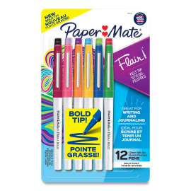 Flair Felt Tip Porous Point Pen, Stick, Bold 1.2 mm, Assorted Ink Colors, White Pearl Barrel, 12/Pack