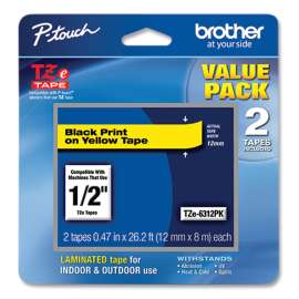 TZe Standard Adhesive Laminated Labeling Tape, 0.47" x 26.2 ft, Black on Yellow, 2/Pack