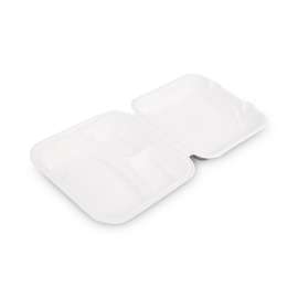 Renewable and Compost Sugarcane Clamshells, 3-Compartment, 9 x 9 x 3, White, 50/Pack, 4 Packs/Carton