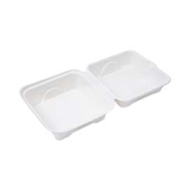Renewable and Compostable Sugarcane Clamshells, 6 x 6 x 3, White, 50/Pack, 10 Packs/Carton