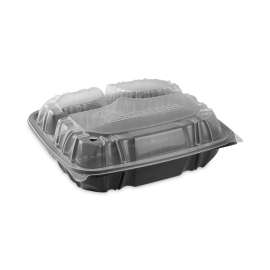 EarthChoice Vented Dual Color Microwavable Hinged Lid Container, 3-Compartment 34oz, 10.5x9.5x3, Black/Clear, Plastic, 132/CT