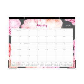Joselyn Desk Pad, Rose Artwork, 22 x 17, White/Pink/Peach Sheets, Black Binding, Clear Corners, 12-Month (Jan-Dec): 2023
