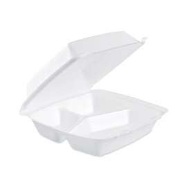 Insulated Foam Hinged Lid Containers, 3-Compartment. 7.9 x 8.4 x 3.3, White, 200/Carton