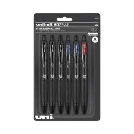 207 Plus+ Gel Pen, Retractable, Medium 0.7 mm, Assorted Ink Colors, Black Barrel, 6/Pack