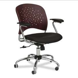 Reve Round Plastic Wood Back Task Chair, 18" to 22.5" High Black Seat,Mahogany Back,Silver Base, Ships in 1-3 Business Days