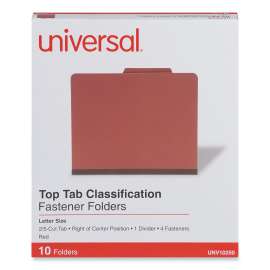 Four-Section Pressboard Classification Folders, 2" Expansion, 1 Divider, 4 Fasteners, Letter Size, Red Exterior, 10/Box